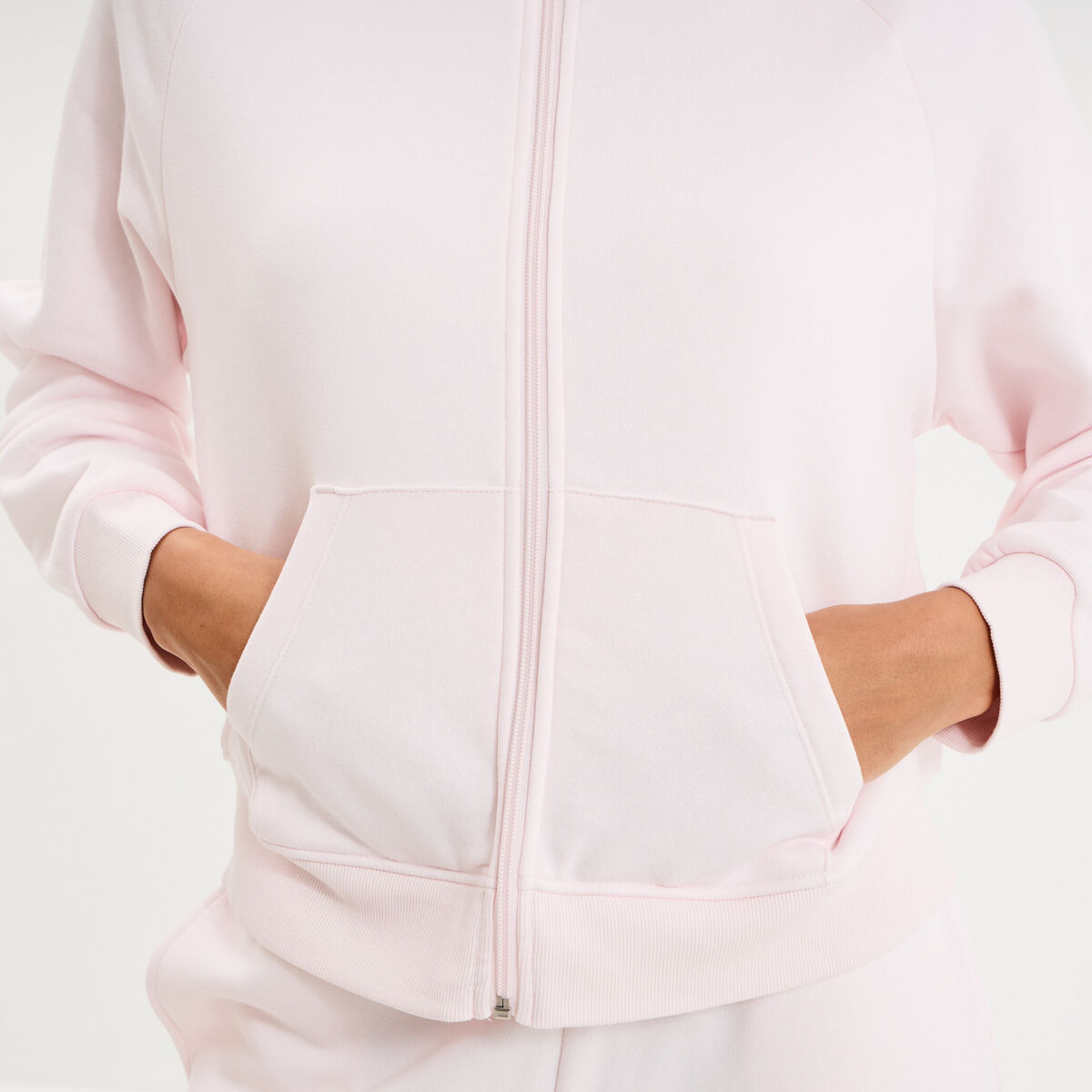 Sweat zipp&eacute; molleton col montant rose clair femme