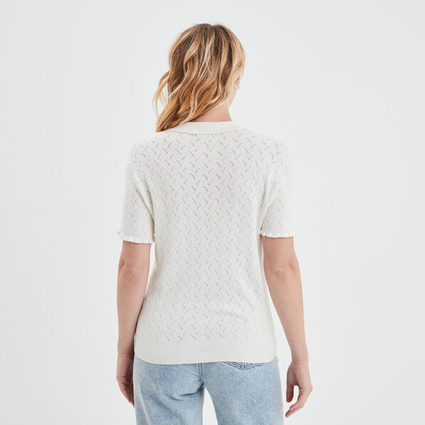 Pull col polo manches courtes blanc femme