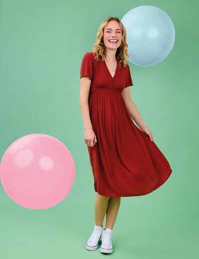Robe midi fluide manches courtes marron cognac femme