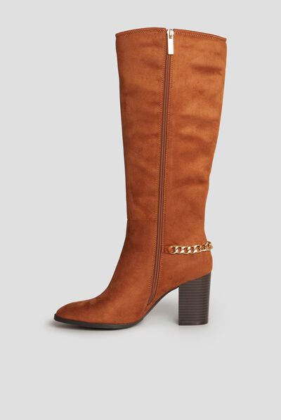 Bottes hautes détails chaînes à talons marron cognac femme