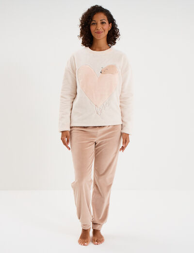 Ensemble pyjama pantalon et t-shirt creme femme