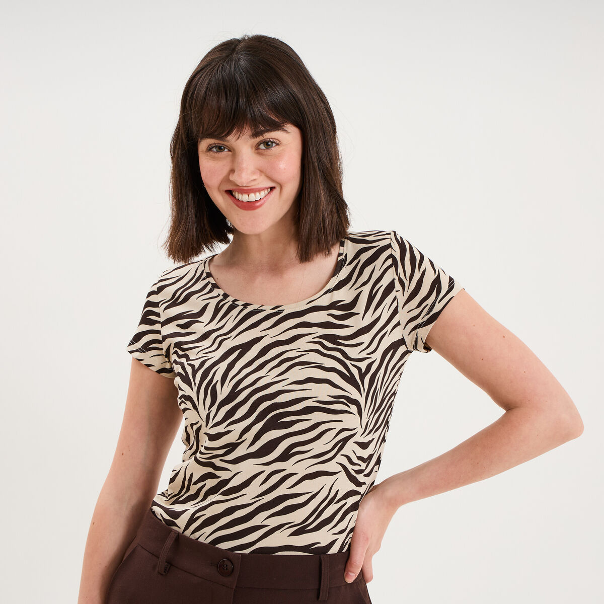 T-shirt coton imprim&eacute; coupe ajust&eacute;e beige clair femme