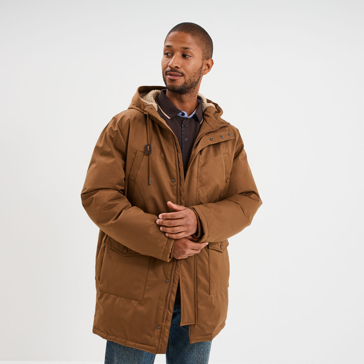 Parka mi-longue doubl&eacute;e &agrave; capuche marron homme