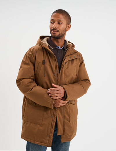 Parka mi-longue doubl&eacute;e &agrave; capuche marron homme