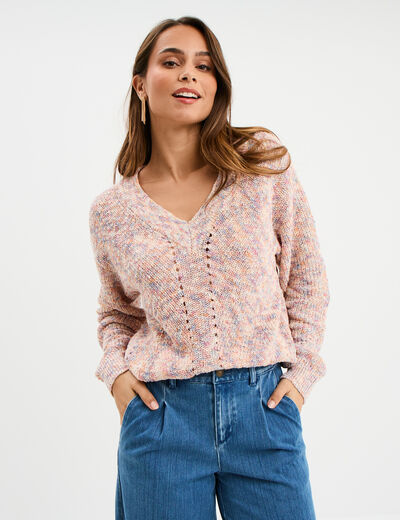 Pull col en V manches longues multicolore femme