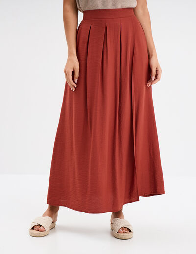 Jupe longue évasée plis creux marron cognac femme