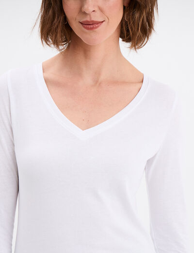 T-shirt col en V manches longues coton blanc femme