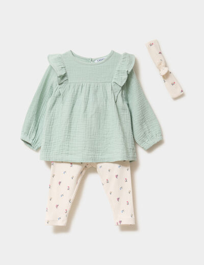 Ensemble blouse legging bandeau coton vert pastel b&eacute;b&eacute; fille
