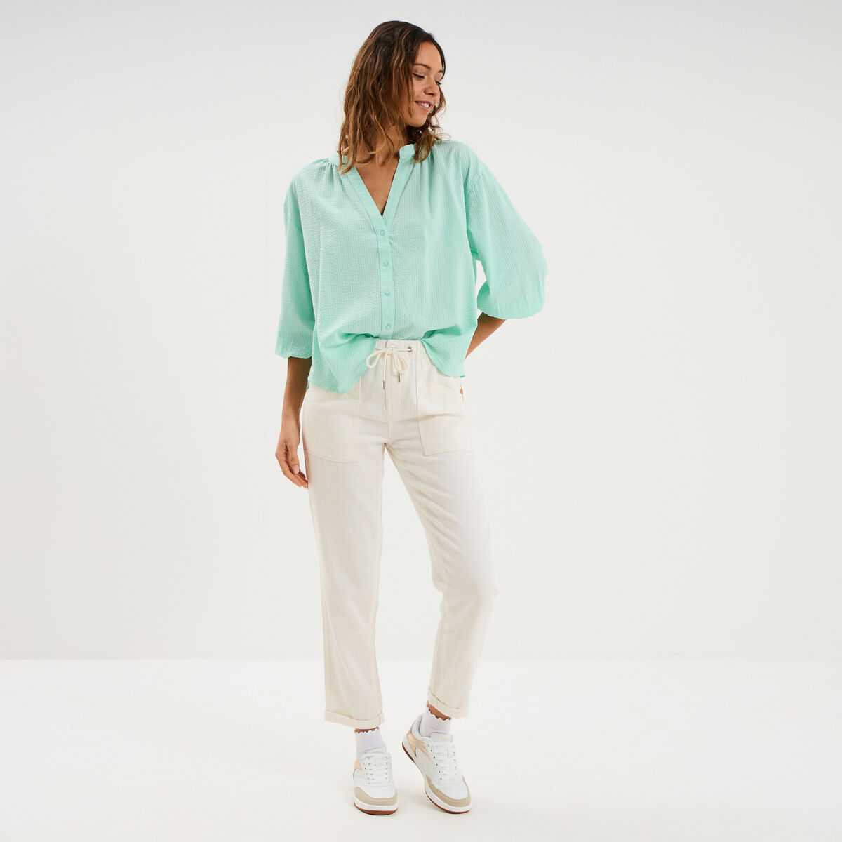 Blouse col tunisien manches 3/4 coton vert clair femme