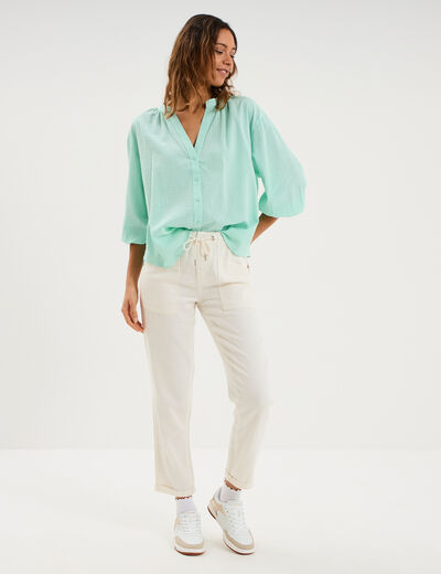 Blouse col tunisien manches 3/4 coton vert clair femme
