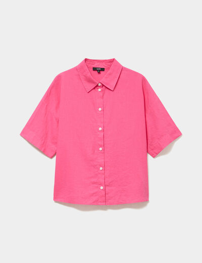 Chemise manches courtes lin m&eacute;lang&eacute; rose fushia femme