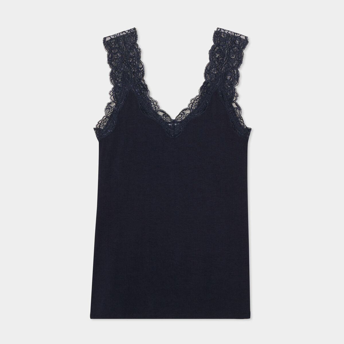 D&eacute;bardeur ajust&eacute; avec dentelle col V bleu fonc&eacute; femme