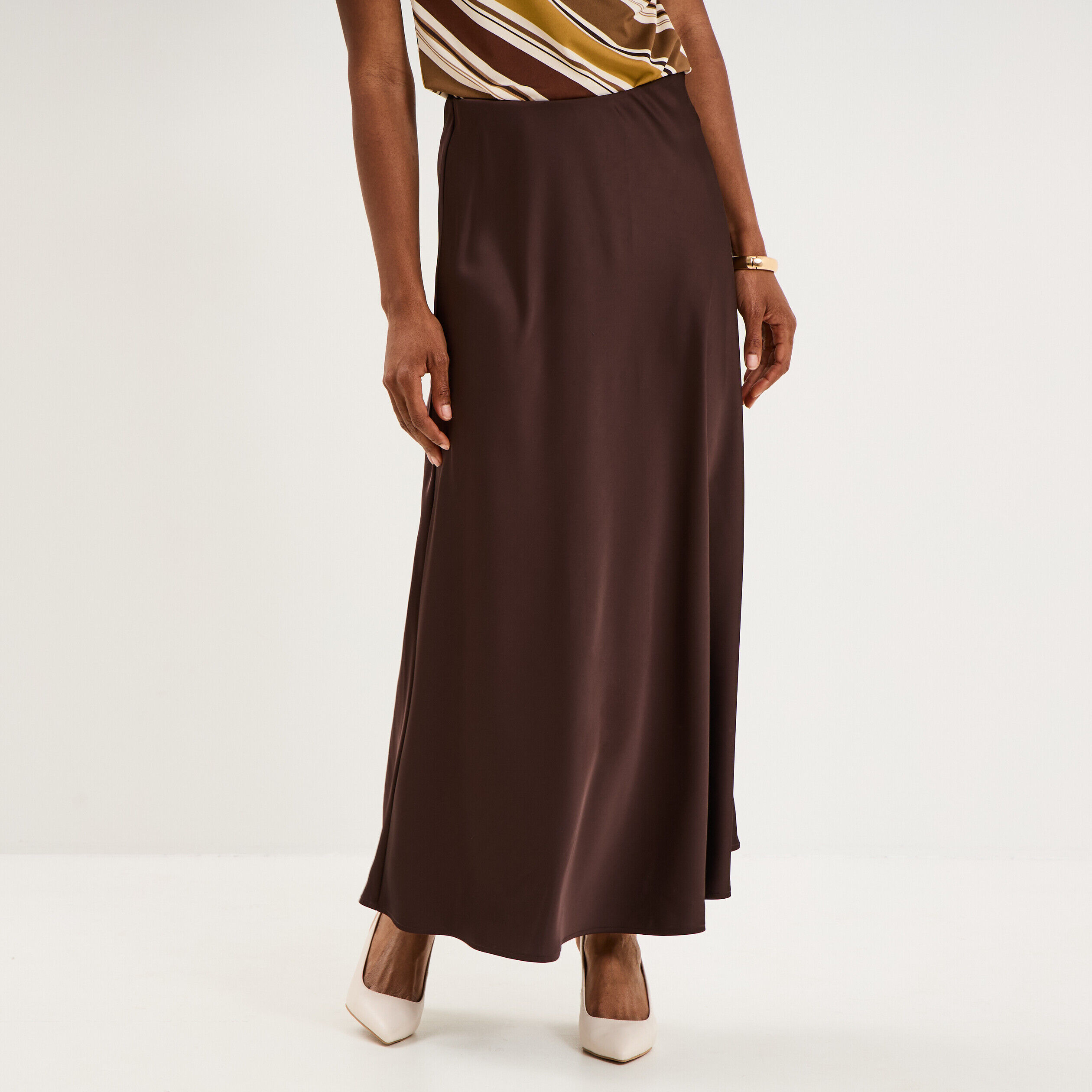 Jupe longue évasée effet satin marron foncé femme MOSQUITOS