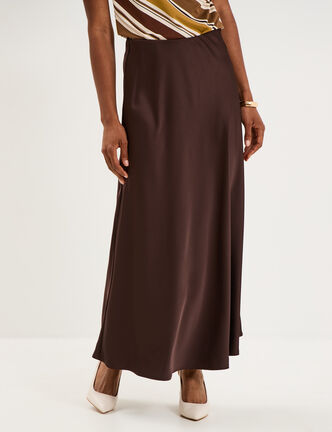 Jupe longue &eacute;vas&eacute;e effet satin marron fonc&eacute; femme