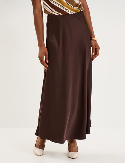 Jupe longue &eacute;vas&eacute;e effet satin marron fonc&eacute; femme