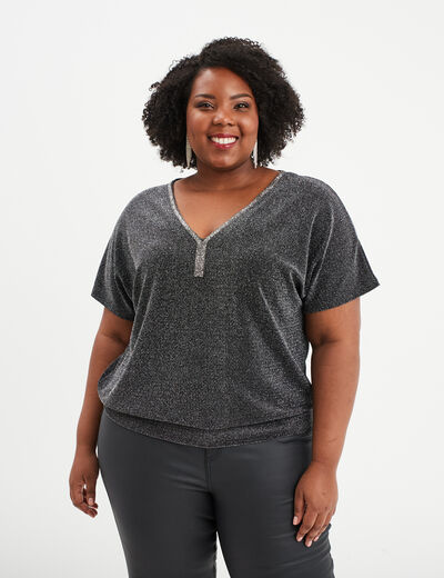 T-shirt manches courtes fils m&eacute;tallis&eacute;s gris argent femme grande taille