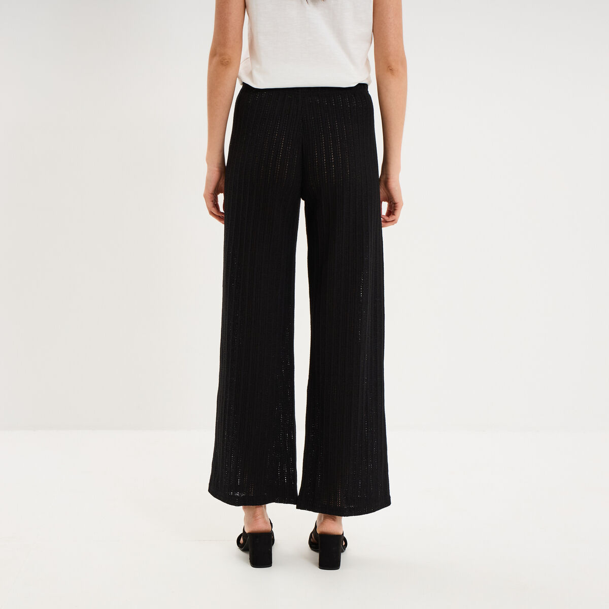 Pantalon large effet crochet &eacute;lastiqu&eacute; noir femme