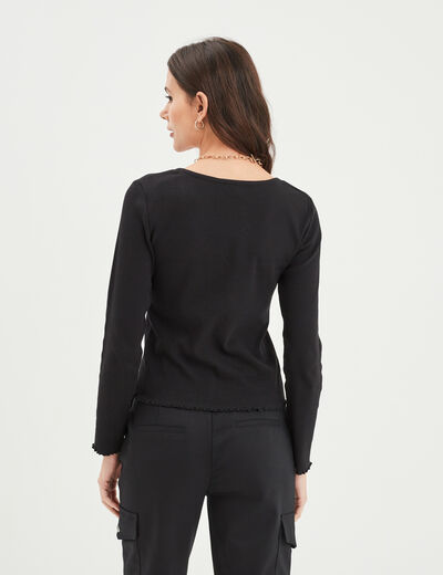 T-shirt côtelé col en V manches longues noir femme