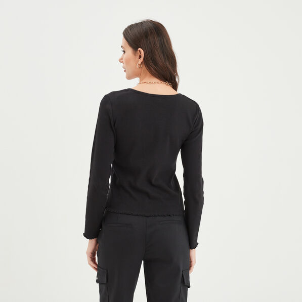 T-shirt côtelé col en V manches longues noir femme