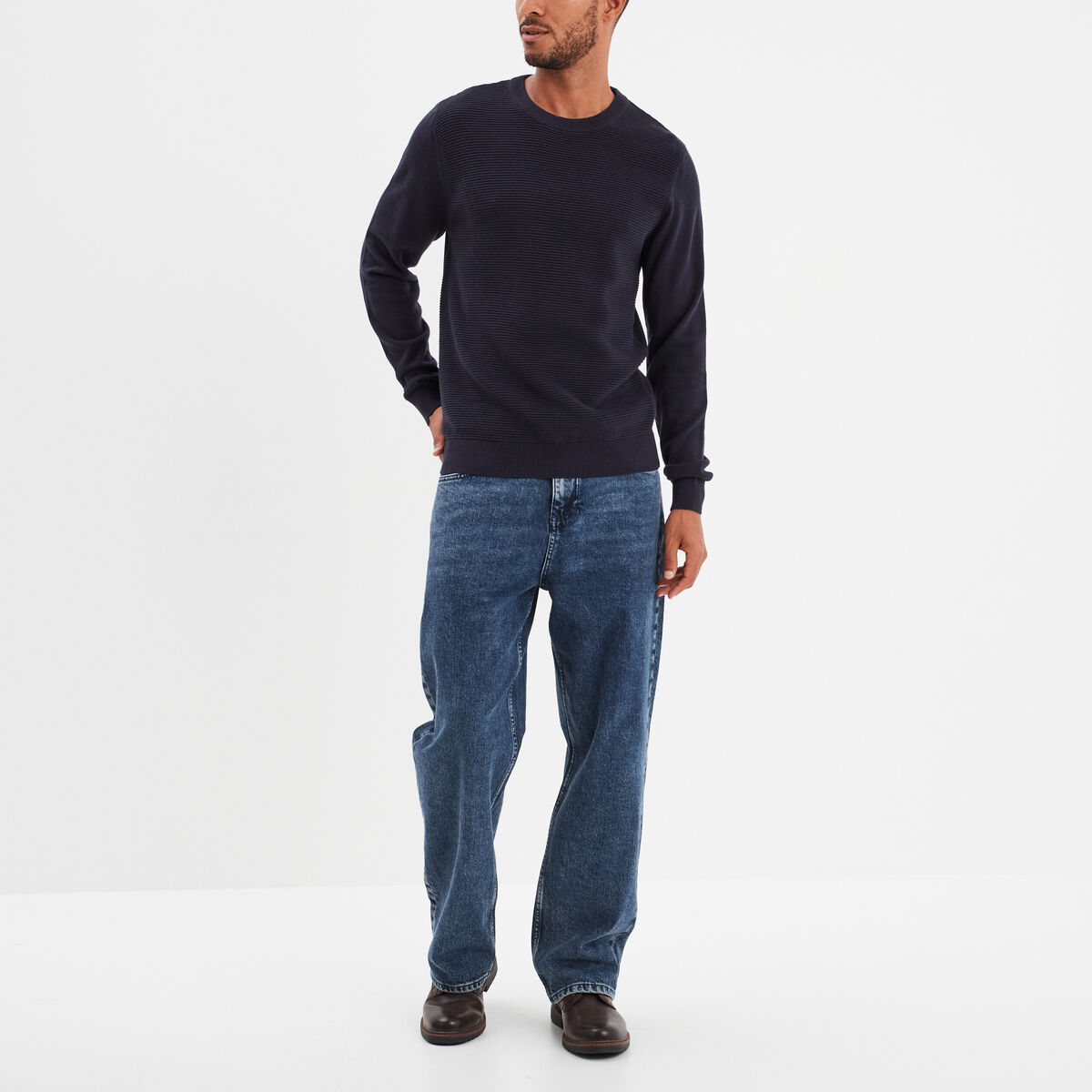 Pull col rond coton manches longues bleu foncé homme