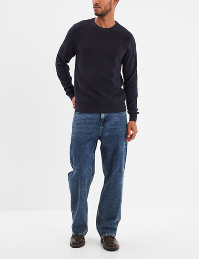 Pull col rond coton manches longues bleu foncé homme