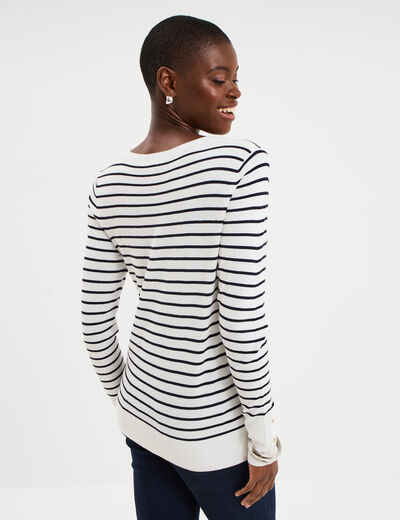 Pull col rond boutons aux poignets beige femme