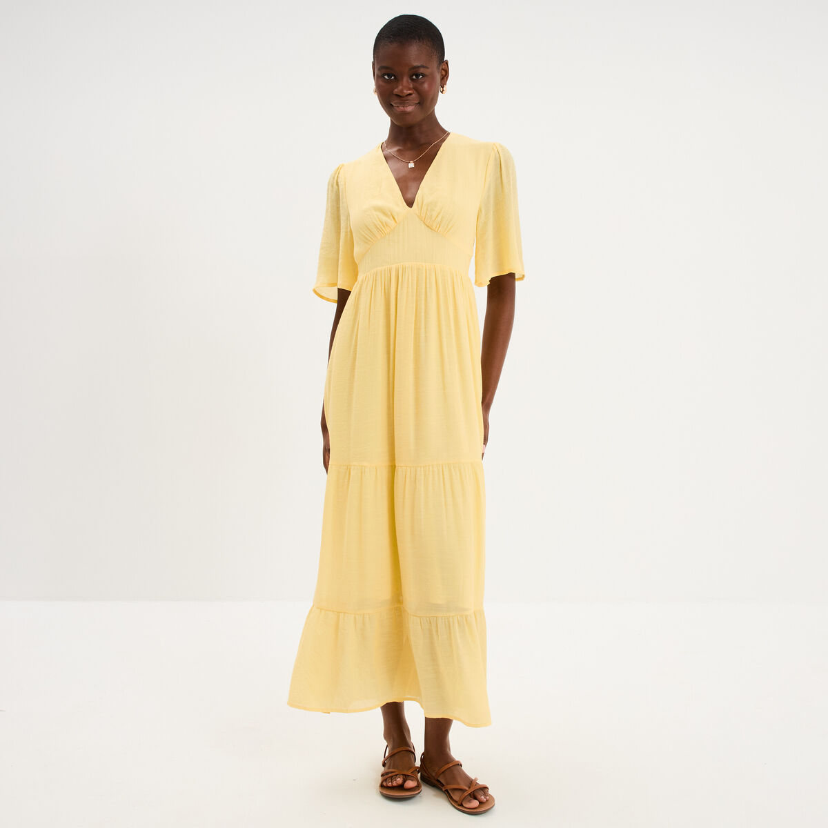 Robe longue fluide &agrave; volants jaune clair femme