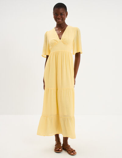 Robe longue fluide &agrave; volants jaune clair femme