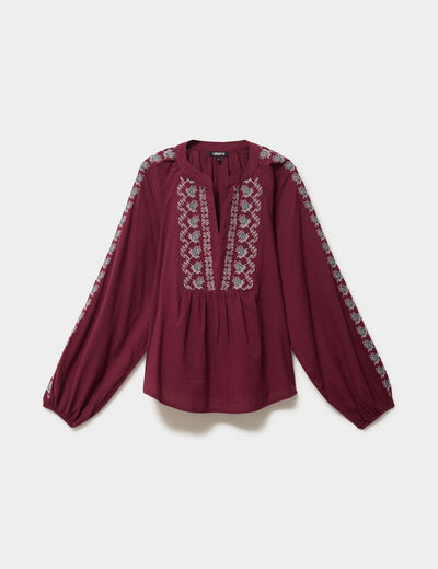 Blouse brod&eacute;e oversize coton bordeaux femme