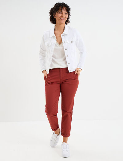 Pantalon chino 7/8&egrave;me ceinture tress&eacute;e rouge fonc&eacute; femme