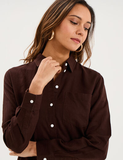 Chemise lin m&eacute;lang&eacute; manches longues marron fonc&eacute; femme