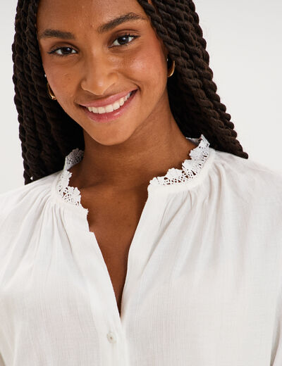Blouse manches longues col dentelle blanc femme