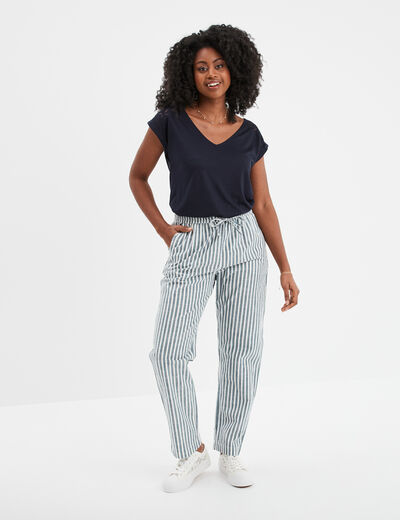 T-shirt col en V dentelle épaules et dos bleu foncé femme