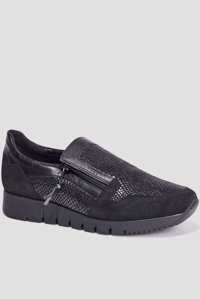 Baskets zippées en cuir pied large noir femme
