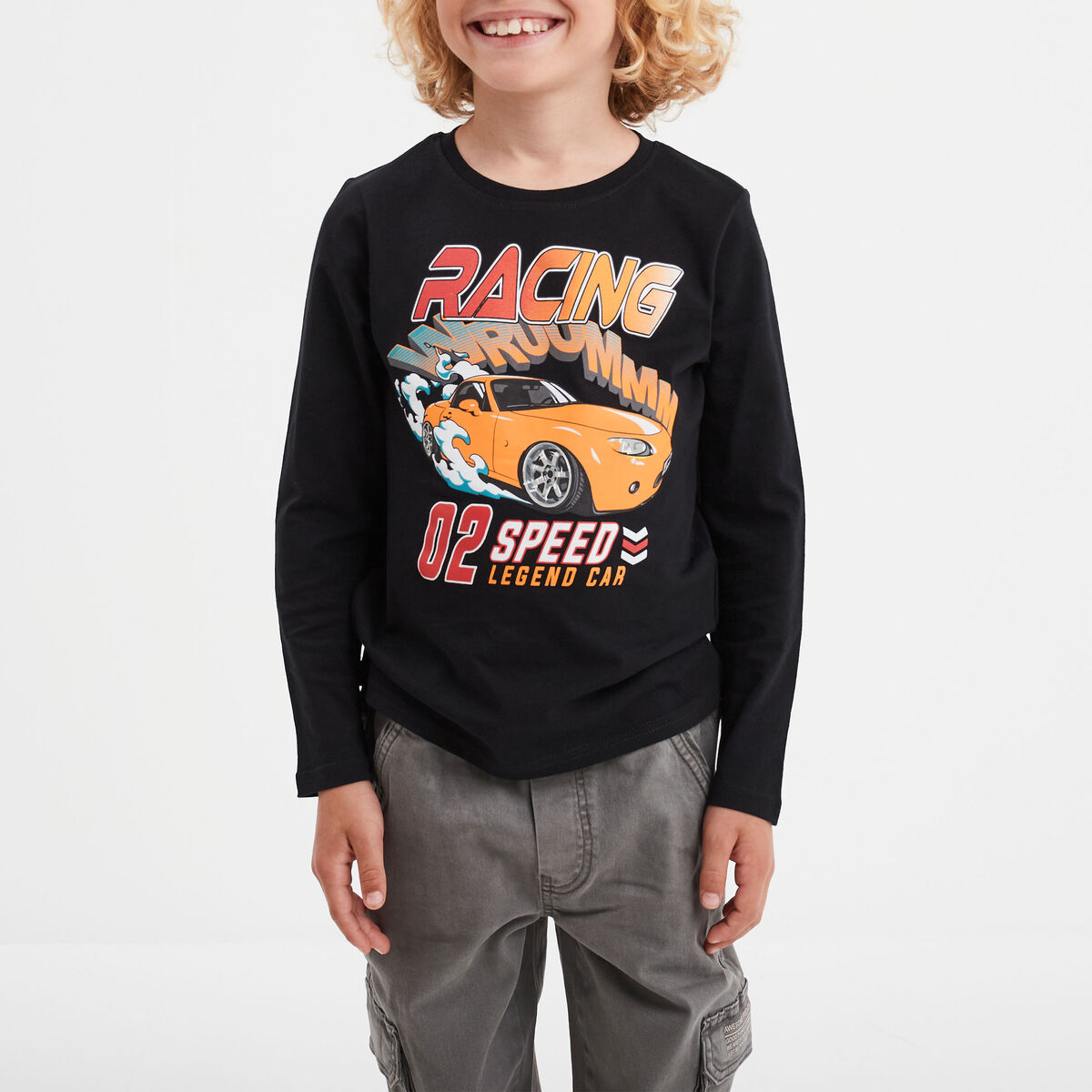 T-shirt col rond manches longues coton noir garçon