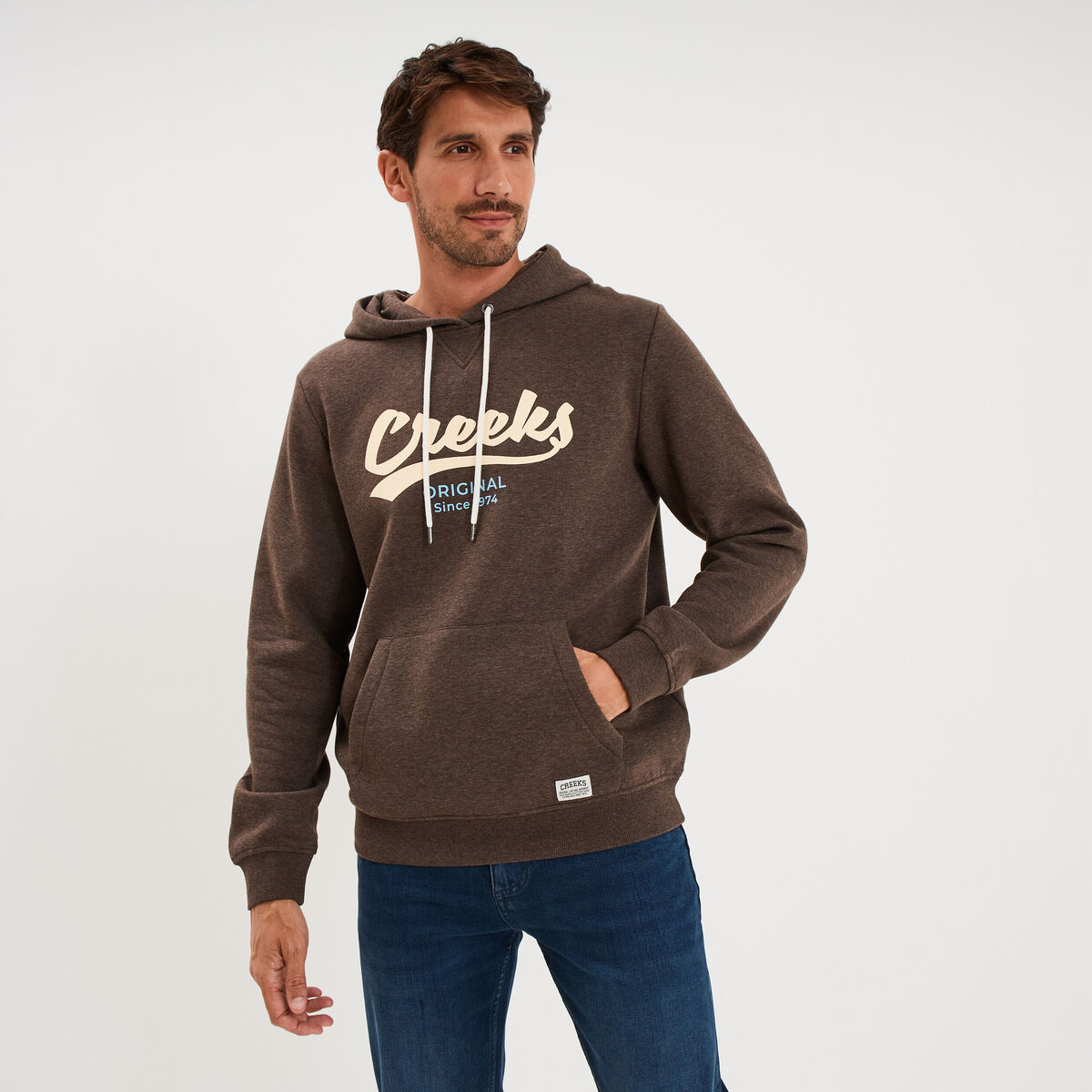 Sweat hoodie 1 poche et capuche marron chocolat homme