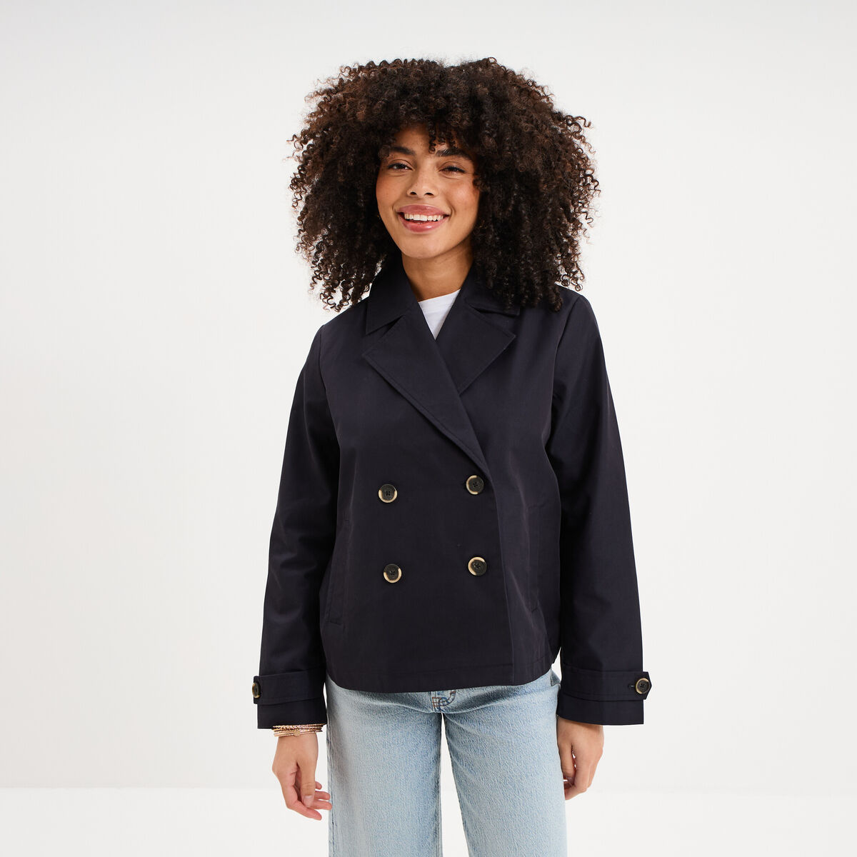 Trench court double boutonnage bleu fonc&eacute; femme