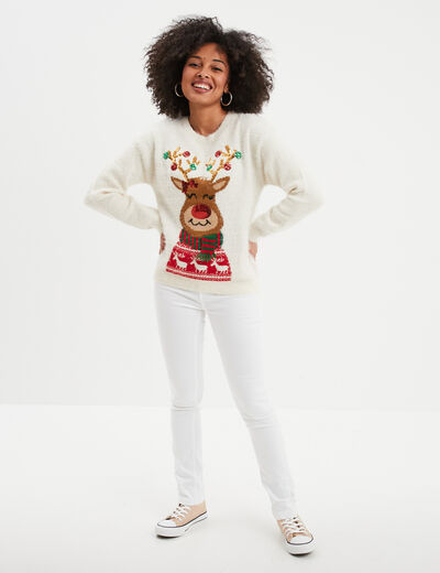 Pull de No&euml;l lumineux &agrave; sequins ivoire femme