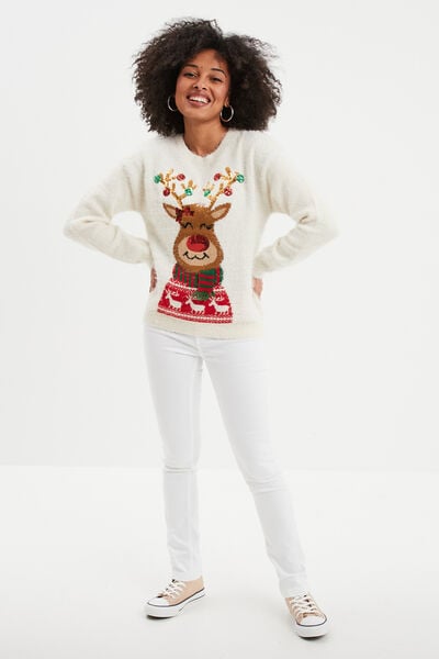Pull de No&euml;l lumineux &agrave; sequins ivoire femme