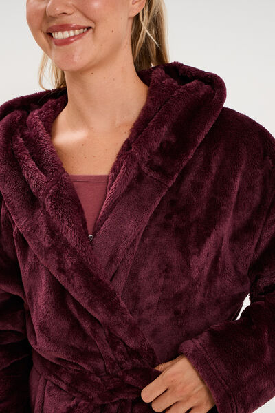 Peignoir effet velours &agrave; capuche prune femme