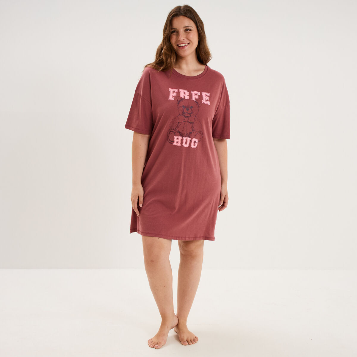 Chemise de nuit courte col rond coton rose framboise femme grande taille