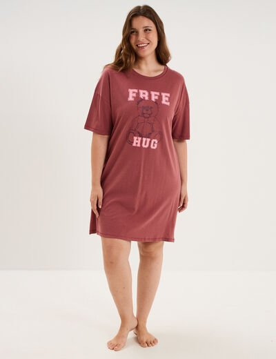 Chemise de nuit courte col rond coton rose framboise femme grande taille