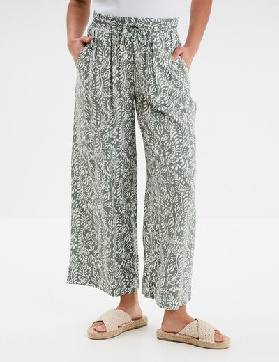 Pantalon fluide large taille élastiquée vert kaki femme