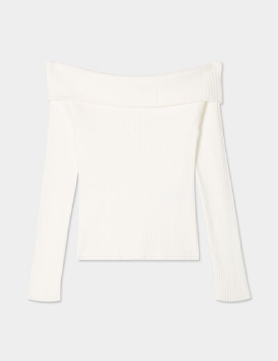 Pull côtelé col bardot manches longues blanc femme