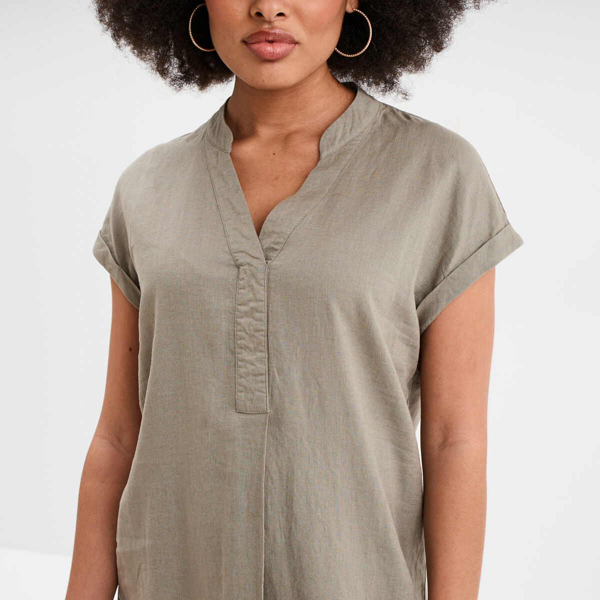 Robe manches courtes lin mélangé vert kaki femme