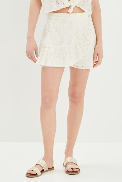 Jupe-short ajustée avec volants broderie jaune clair femme