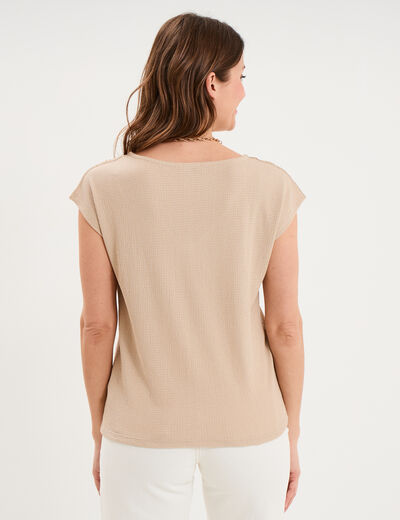 T-shirt col en V manches courtes beige femme