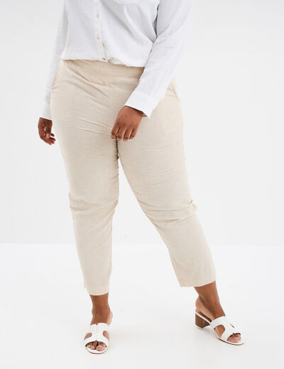 Pantalon chino droit en lin m&eacute;lang&eacute; beige femme grande taille