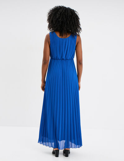 Robe longue plissée sans manches col V bleu roi femme