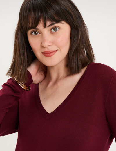 Pull col en V manches longues bordeaux femme